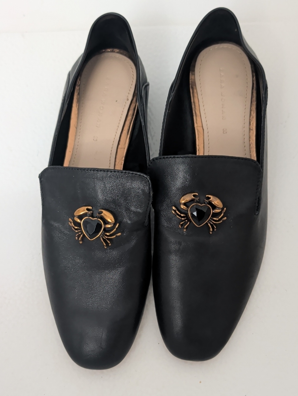 Zara Women Black Leather Slip-On Loafers with Gold Crab Accent